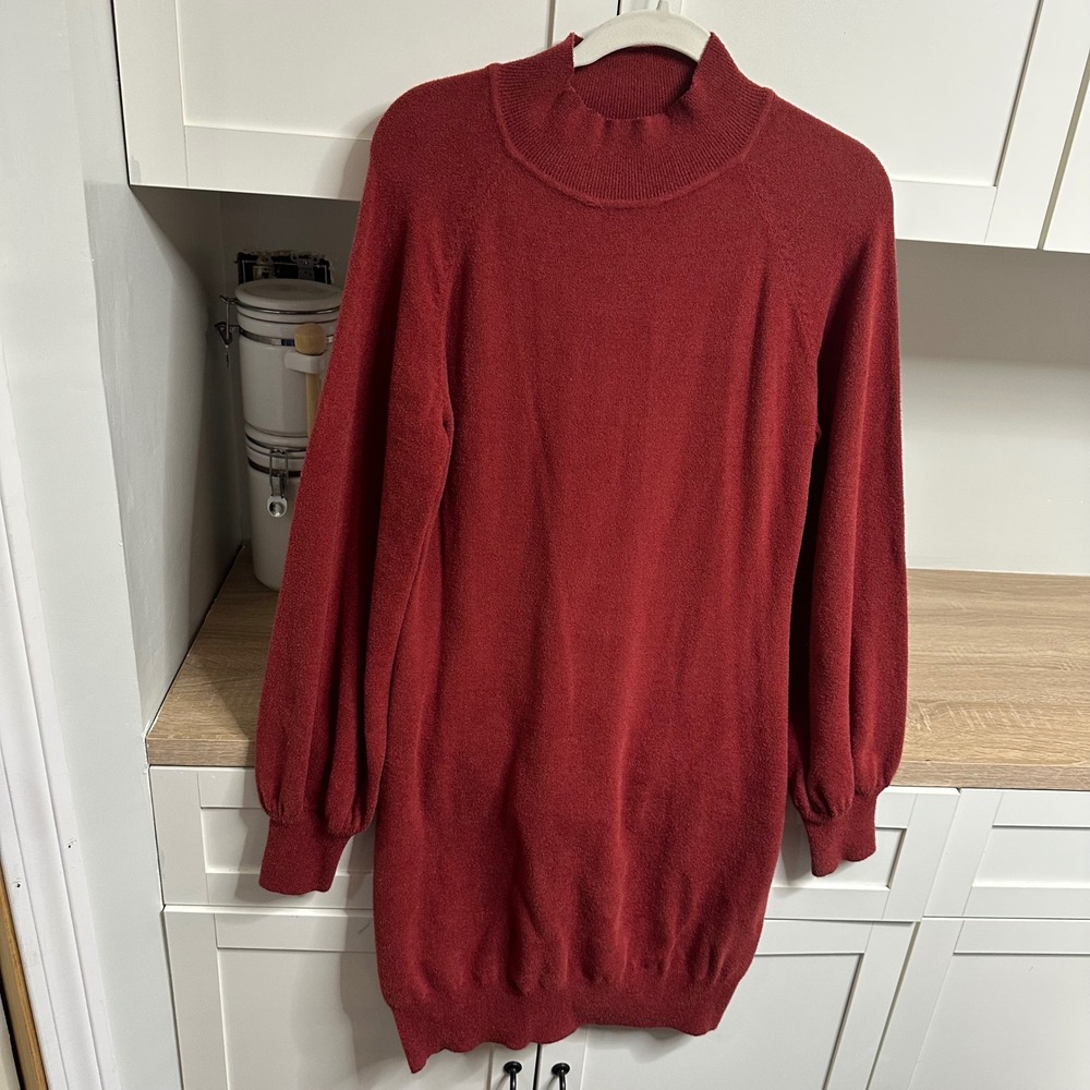 Exlura Mock Neck Balloon Sleeve Sweater Dress XL Burgundy Fall Minimalist Cozy